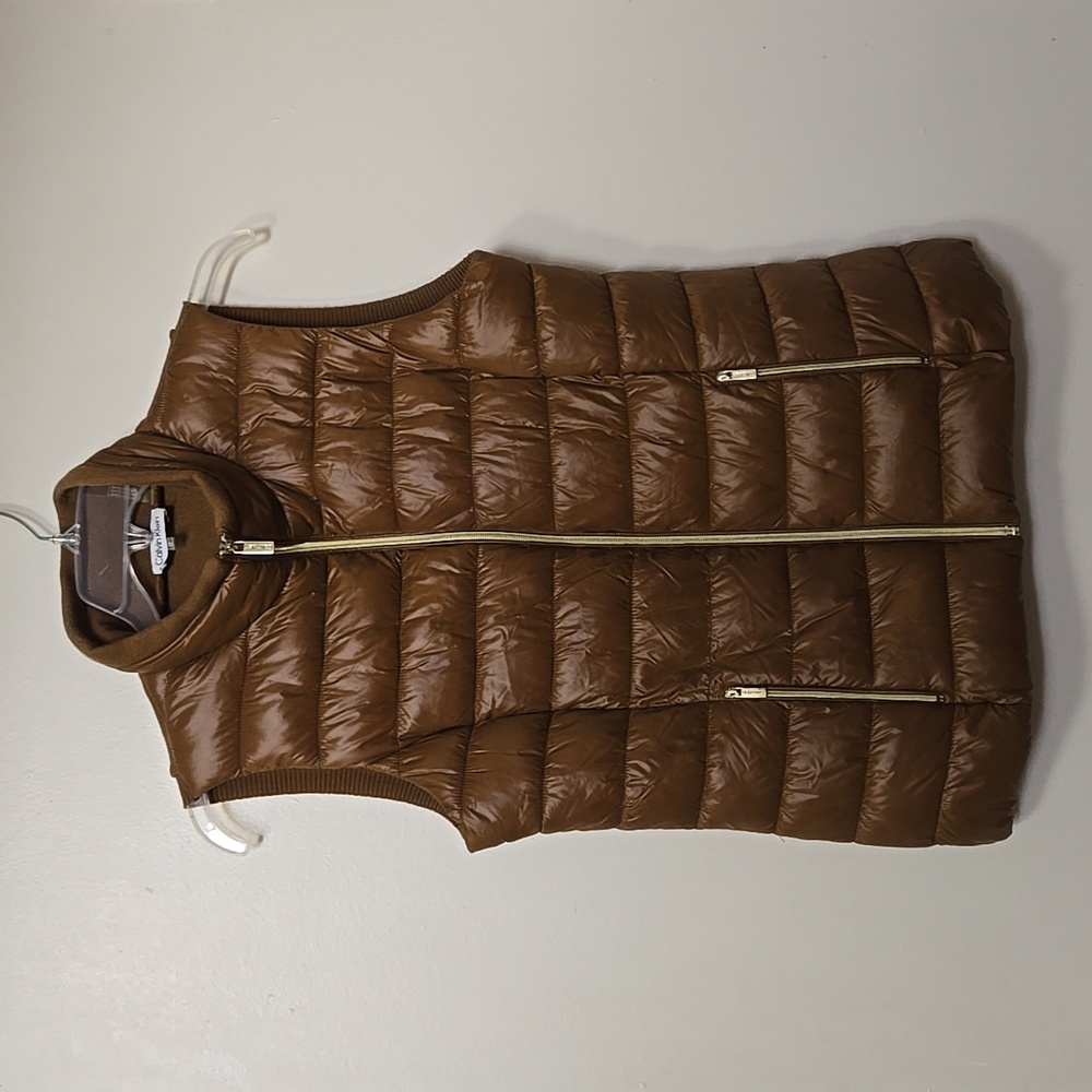 Calvin Klein Mens Puffer Vest Light Brown Size Medium Knit Back Gold Zip